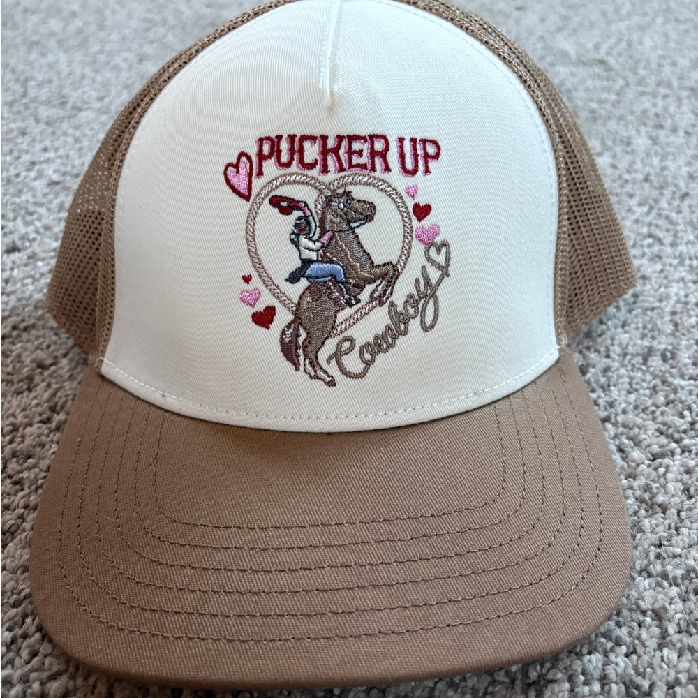 Pucker Up Cowboy Kids Trucker Hat - Brown and Cream
